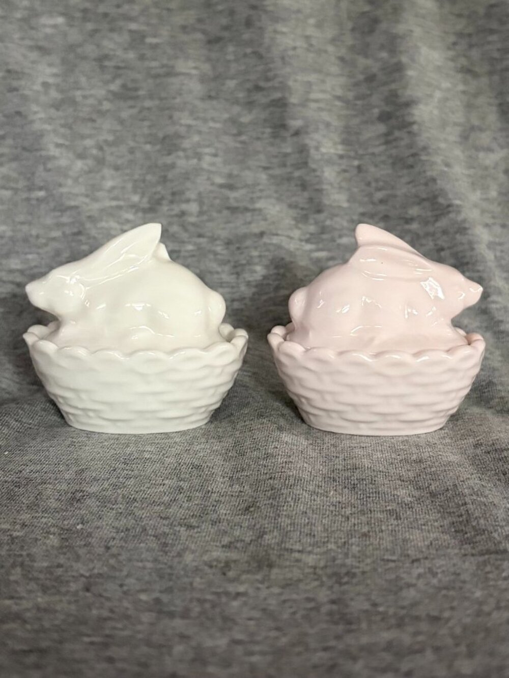 Pink and White Bunnies on Baskets Trinket Box Set of 2